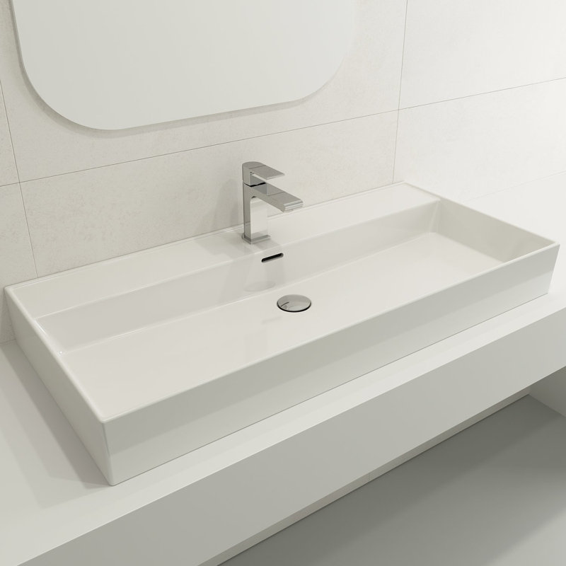BOCCHI Milano 18.3'' Fireclay Rectangular Bathroom Sink with Overflow, White, White