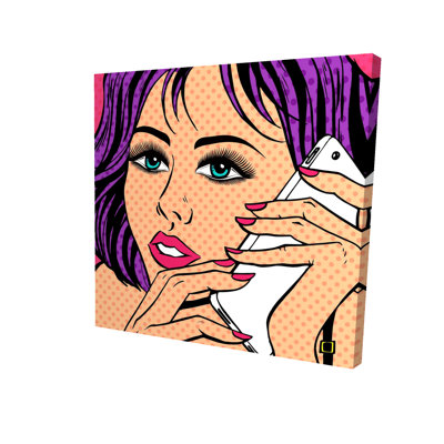 Toile rétro mauve pour chambre à coucher | Décor Pop Art Lady on Téléphone