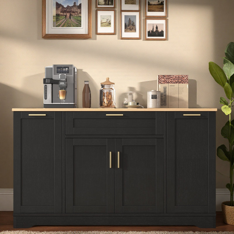 Buffet de rangement multifonctionnel avec tablettes réglables, support à 3 niveaux, tiroir et porte, Noir