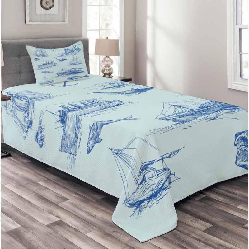 Nautical Bedspread Set with Cushion Cover, 220 x 220 cm