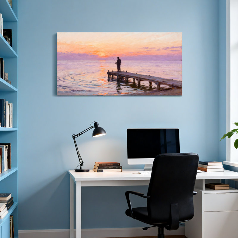 Nautique et plage, coucher de soleil, pêche, quai, eau, ciel, reflet, paisible, scène, H 16 po x l 32 po
