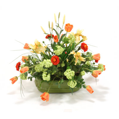 Bittersweet Silk Floral Arrangement of Tulips, Ranunculus and Iris in Glazed Ceramic Planter -  Distinctive Designs, 7715
