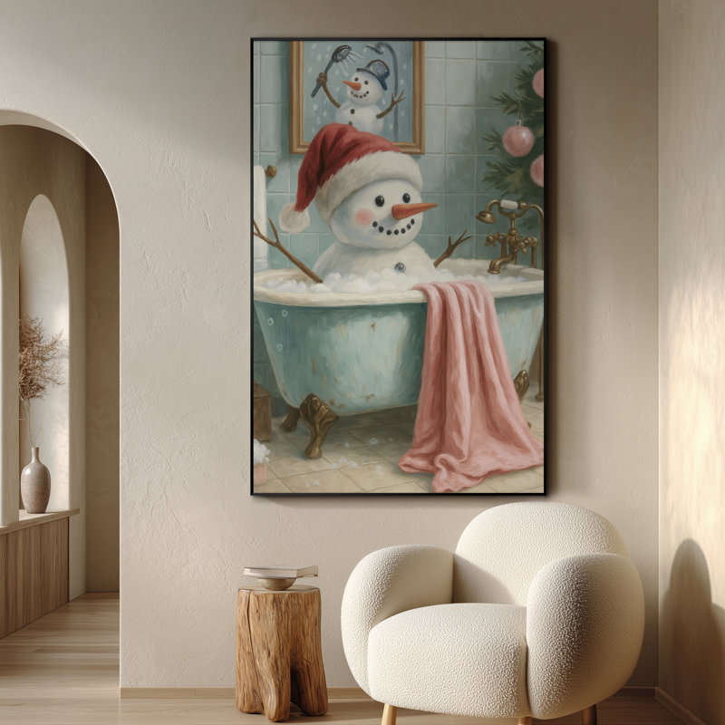 Très grande reproduction d'art sur tissu - Décoration de chambre à coucher fantaisiste bonhomme de neige sarcelle - «Assemblage requis (cadre non fini)»
