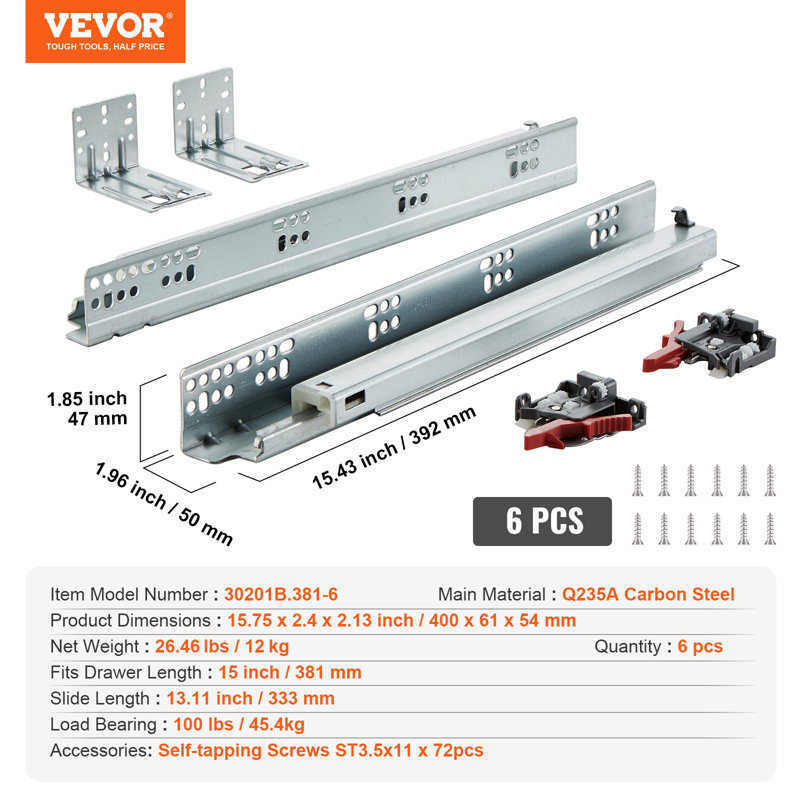 Full Extension 1.96'' Soft Close Bottom Mount Metal Drawer Slide, 4.7cm H x 5cm W x 40.6cm D