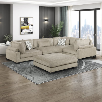 Subair 135" Modern 5-Piece Modular Sectional Sofa with Ottoman, Textured Microfiber Upholstery & Foam over Pocket Coils Comfort by Latitude Run