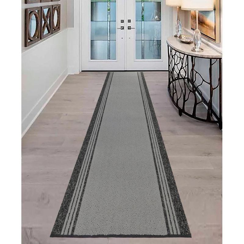 Custom Size Runner Rug Solid Border Gray Berber Style Indoor/Outdoor Non Slip Latex Backing, Runner 2'2" x 47'