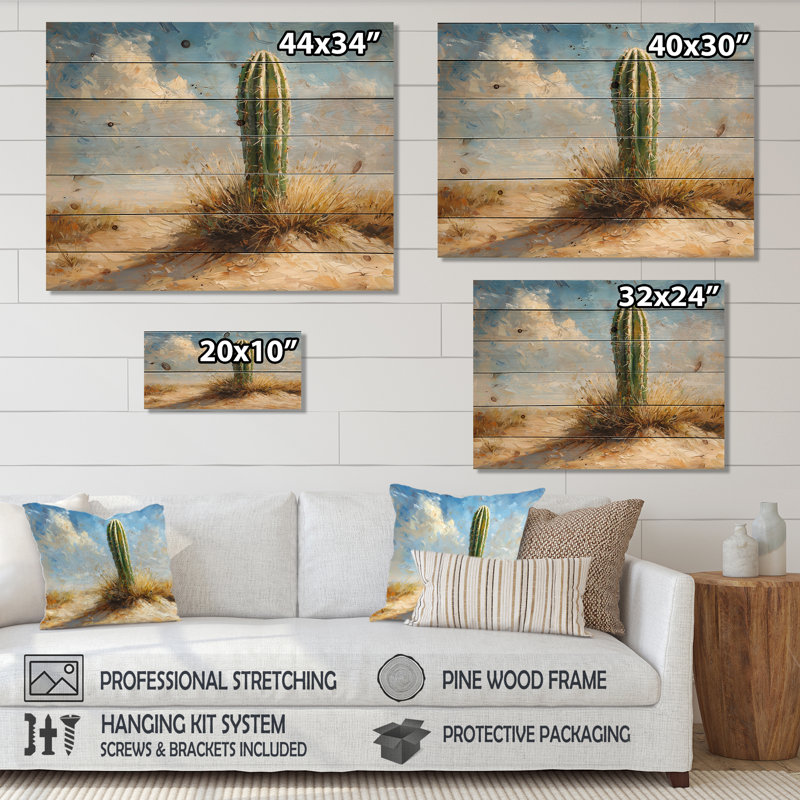 Minimalisme cactus par les dunes II - Art mural en bois floral cactus - sur bois de pin naturel