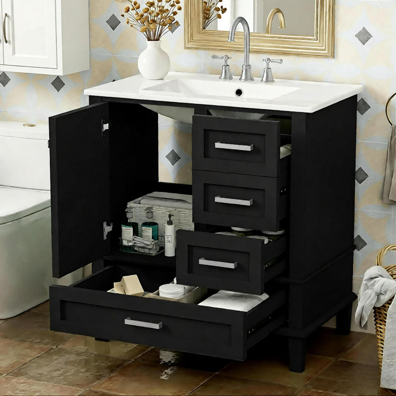 Ensemble de meuble-lavabo moderne 30 po avec lavabo, porte à fermeture douce et 3 tiroirs, Noir / Nickel brossé