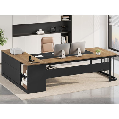 Bureau en L 78,7 po avec prises de courant et classeur, grand bureau d'ordinateur d'angle avec 3 tiroirs et tablettes, poste de travail moderne pour bureau à domicile, chêne