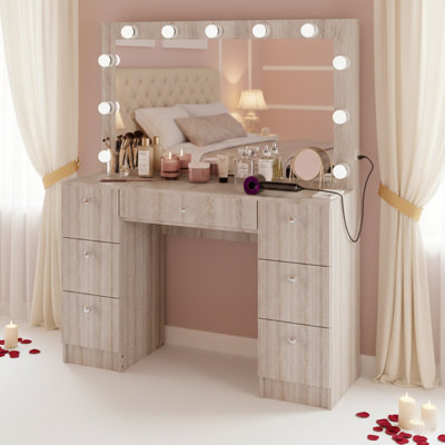 Boahaus Freya Large Vanity Makeup Desk with Wide Mirror, Build-In Lights, 7 Drawers and Power Outlet by Boahaus LLC