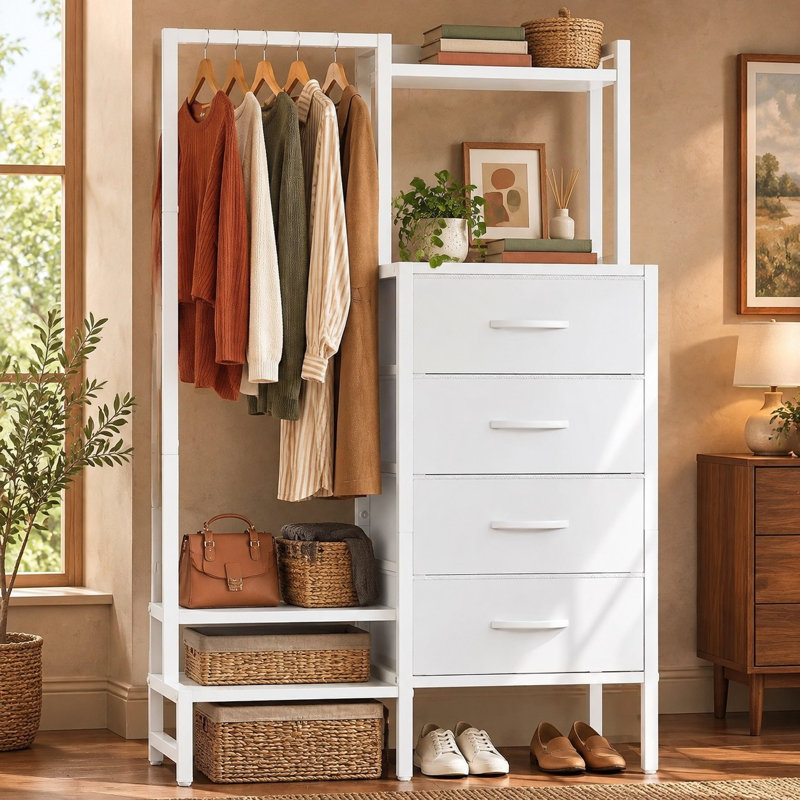 Commode blanche avec support suspendu - Petite commode pour chambre à coucher avec 4 tiroirs, commode de 44 po de hauteur, commodes réversibles pour enfants avec tablette de rangement, commodes de placard, essentiels de chambre de résidence, structure robuste