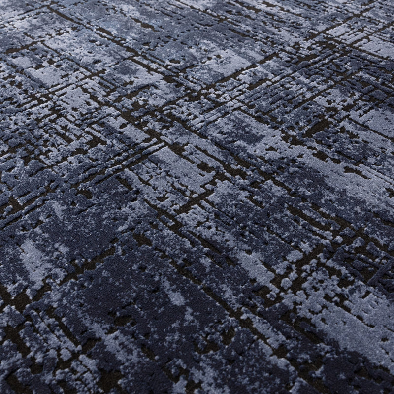 Abrienne Soft Shiny Modern Blue/Black Rug, Rectangle 80 x 150cm