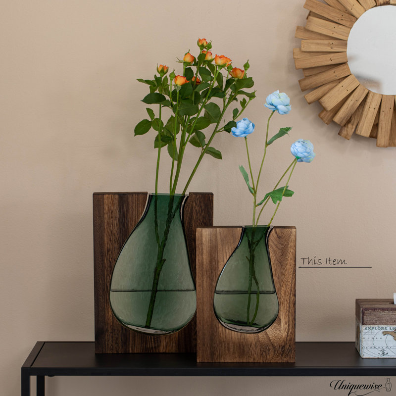 10-Inch Wood And Glass Inlay Vase - Merging The Natural Warmth And Texture Of Wood With The Elegance And Color Of Glass, Perfect For Enhancing Home Decor, Office Desk, Kitchen Table Or Living Room