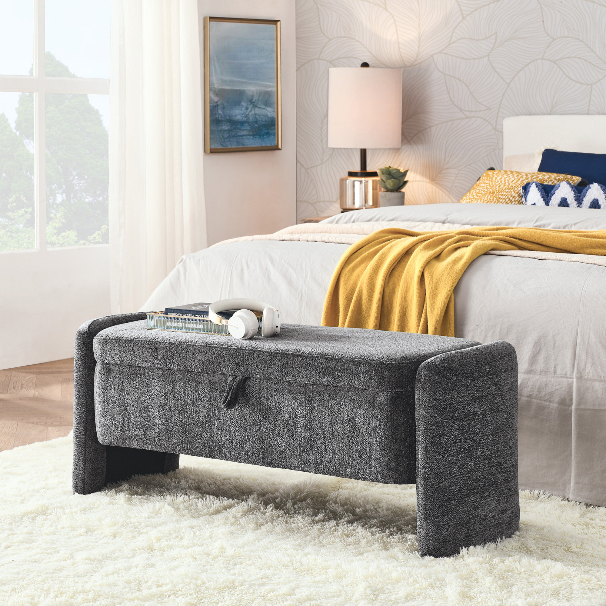 Ebern Designs Oval Ottoman Storage Bench Chenille Fabric Bench