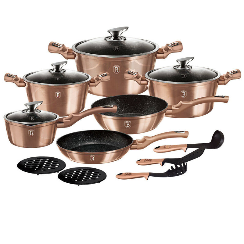 15 - Piece Non-Stick Aluminum Cookware Set, Rose Gold