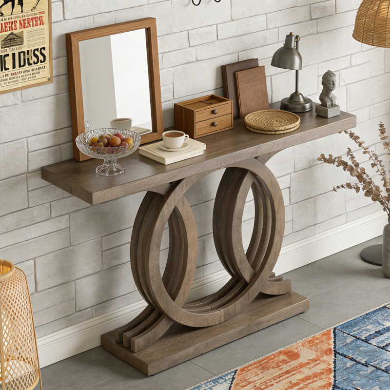 Farmhouse Hallway Sofa Table With Geometric Base, Brown