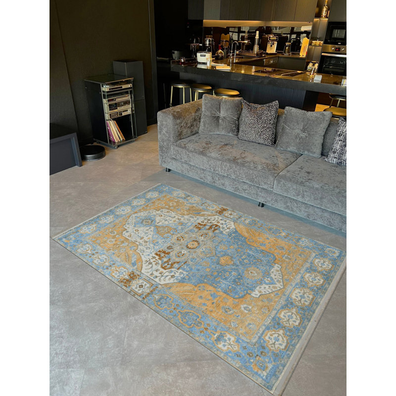 Tapis décoratif à motif traditionnel beige et bleu à motif Barcelona, Tapis de couloir 3 pi 3,37 po x 9 pi 10,11 po