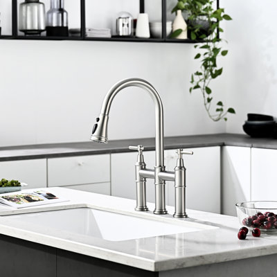 Kitchen Sink 3 Hole Faucet, Pull Down In Brushed Nickel, 2 Handles, Efficient Design Bridge , Nickel Finish, Modern