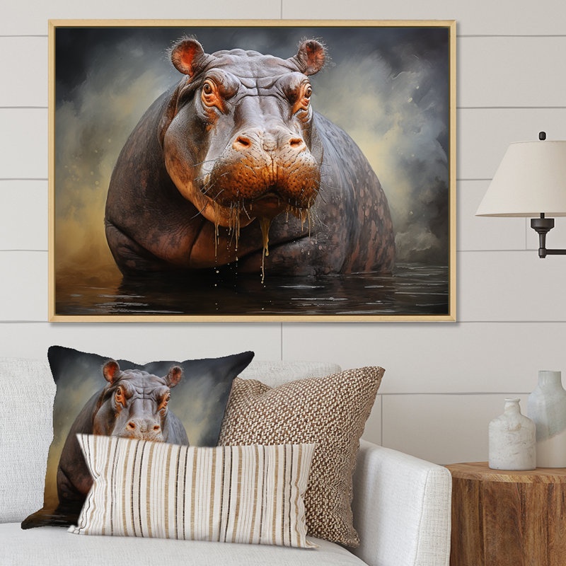 Gris majestueux, élégance hippopotame I - art mural hippopotame, Cadre flottant blanc, H 34 po x l 44 po x P 1,5 po