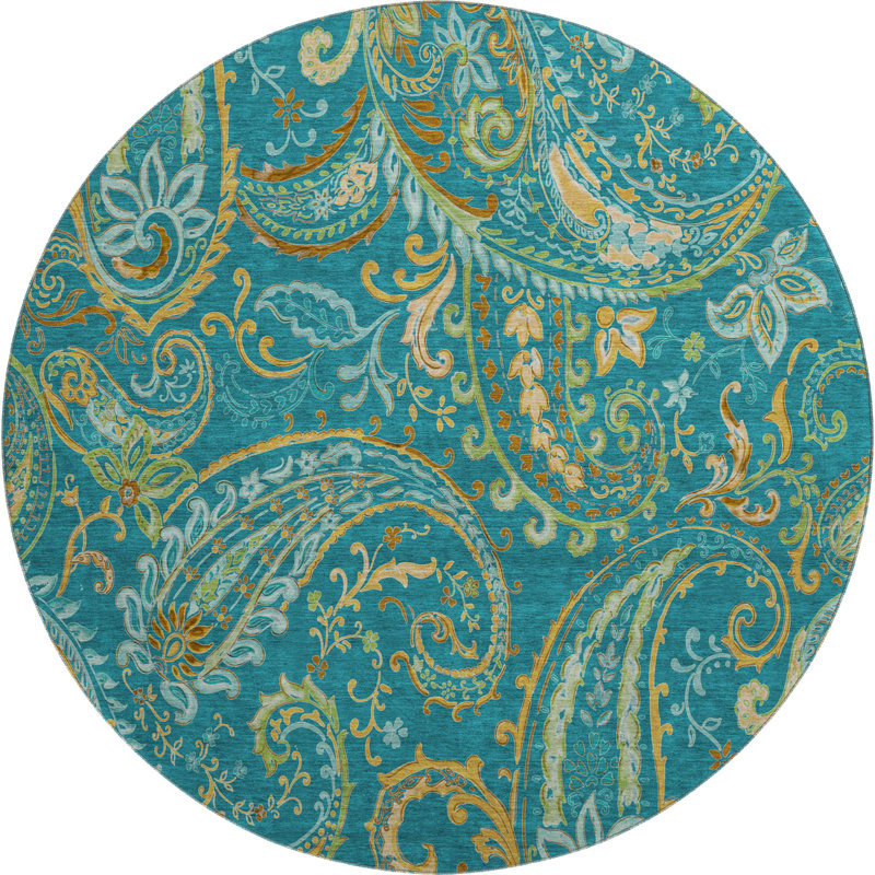 Premium Machine Washable Cerrito AMF533 Teal Rug, Round 8'