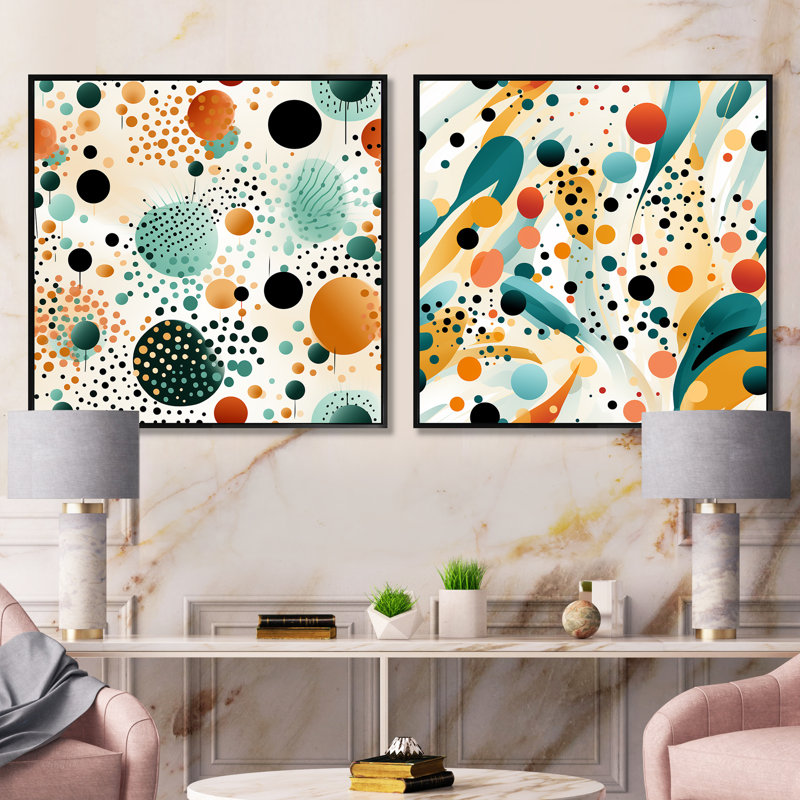 Fashion Yellow And Green Polka Dot - Abstract Collages Square Collage Set Of 2, Black Floater Framed, 16" H x 33" W