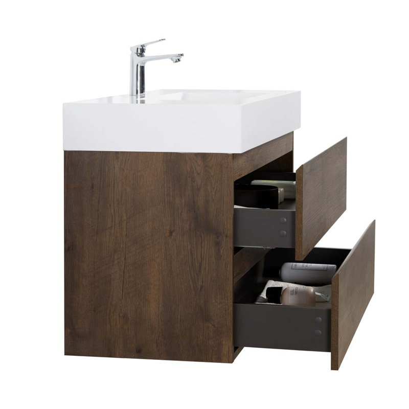 Meuble-lavabo mural simple 35,8 po avec lavabo, Blanc / noyer
