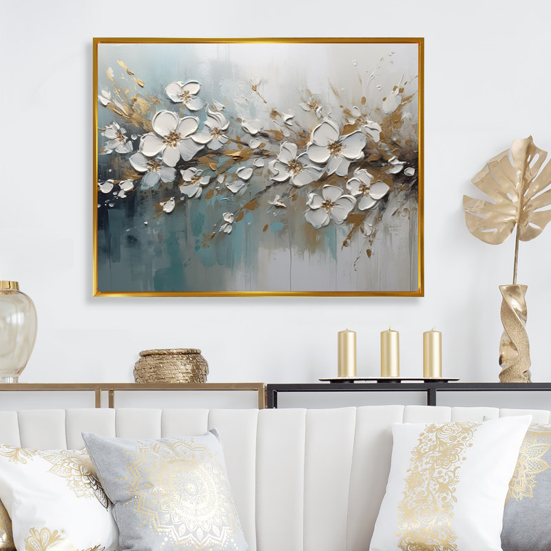 «Roniya White and Gold Daisy Symphony IV», reproduction sur toile, H 16 po x l 32 po x P 1 po, Cadre flottant doré