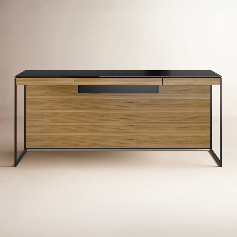 Bureau en verre Sequel 20, Noyer naturel / noir, 24,75 po H x 66 po L x 24 po P