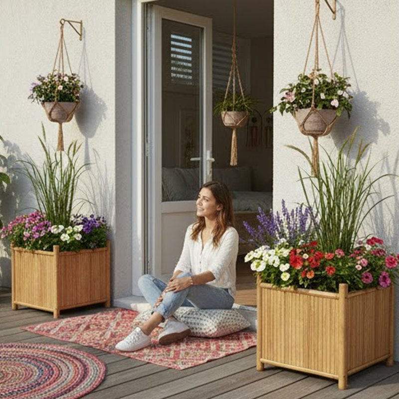 Jardinière d'extérieur, conception surélevée, finition en bambou brun naturel de 20 pouces