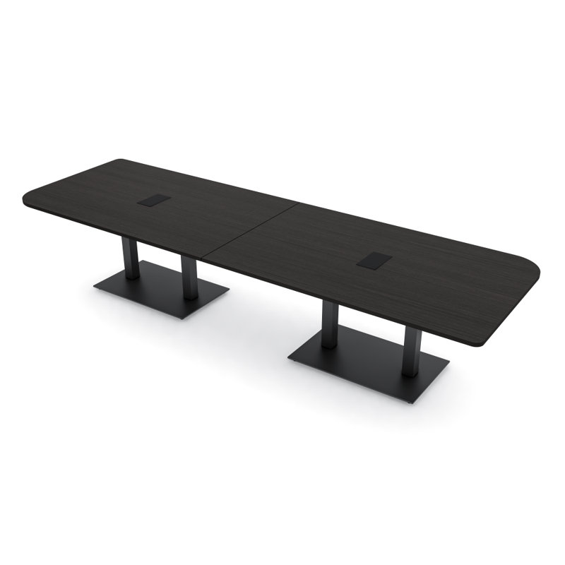 Table de conférence en forme de duo avec base en métal double | Unité électrique, L 120 po x l 48 po, Cyprès noir, Noir mat