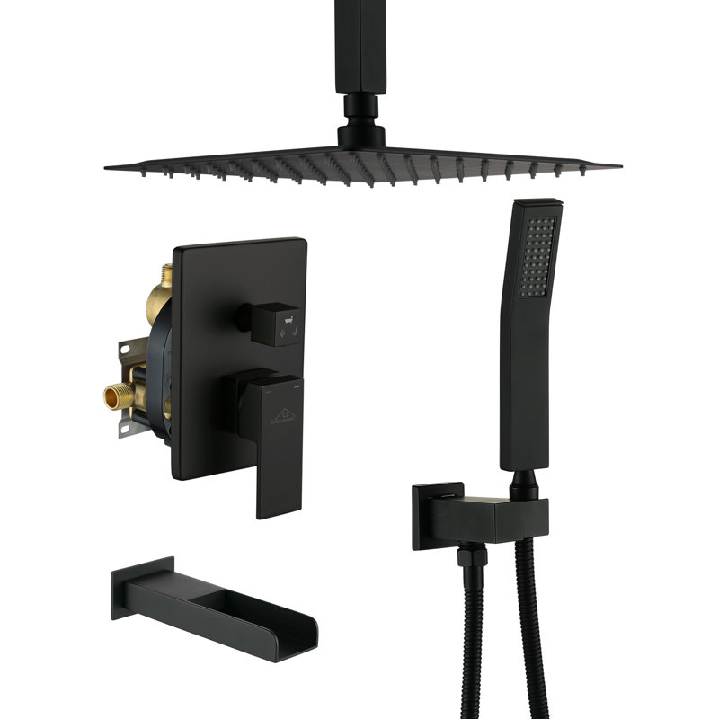 Matte Black 10-Inch Ceiling-Mounted Shower System with Handheld and Tub Filler