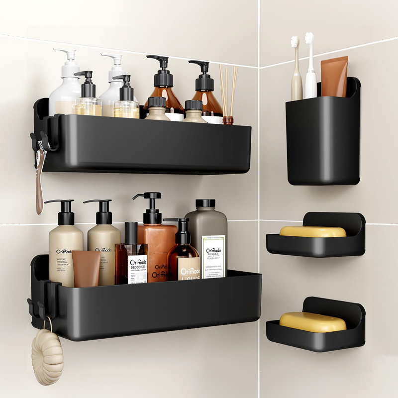 5 Pack Rustproof Bathroom Shelves No Drilling, Black