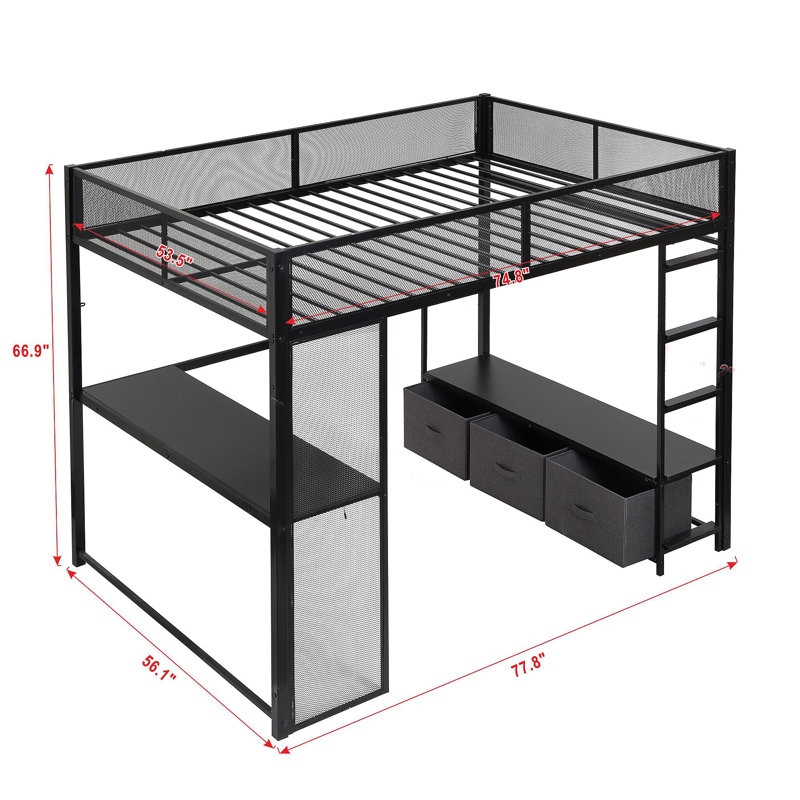 Lit mezzanine en métal pleine grandeur avec DEL, bureau, garde-robe ouverte et 3 tiroirs de rangement en lin