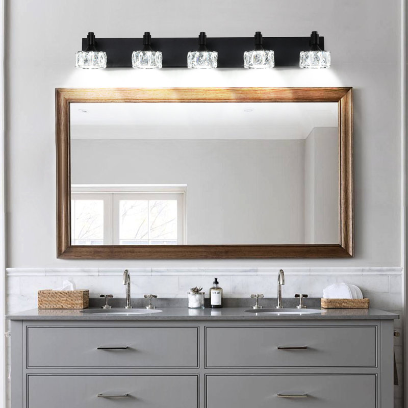 Modern Bathroom Lighting, Matte Black With 5 Lights Crystal Glass Shade Led Vanity , 5- For, 5 Lights