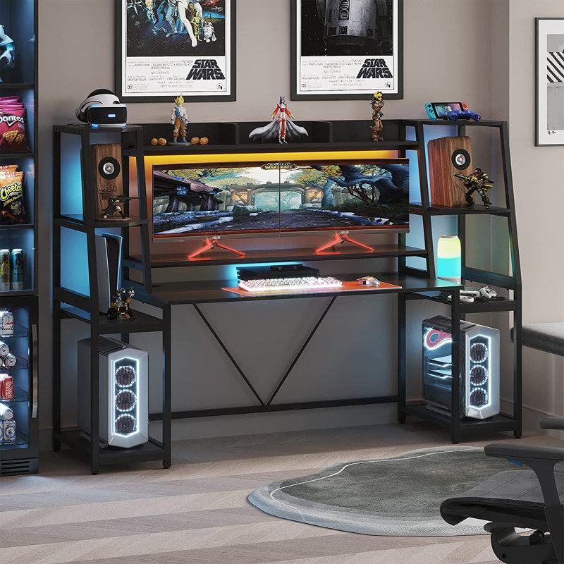  Jenisha 78.8'' Computer Desk Ergonomic Gaming Desk with Hutch LED Lights , Black