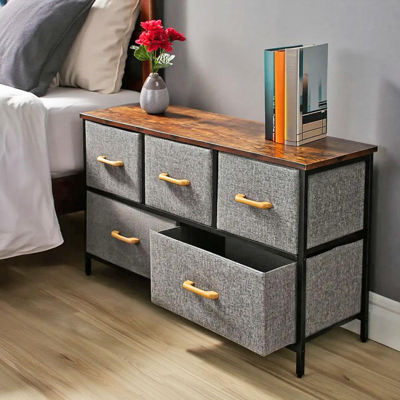 Metal 100cm W Chest of Drawers, Yellow/Brown/Grey