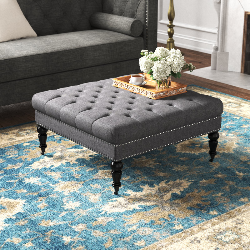 Isabelle Charcoal Linen 35" Square Tufted Ottoman with Nailhead Trim
