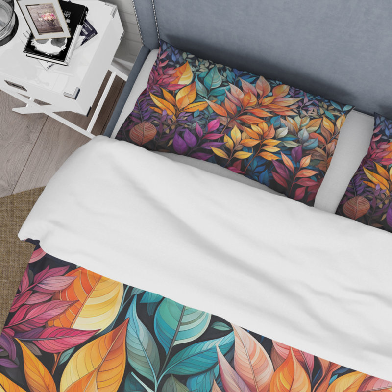 Feuillage multicolore vibrant - ensemble de housse de couette Abstract Botanicals - microfibre de polyester
