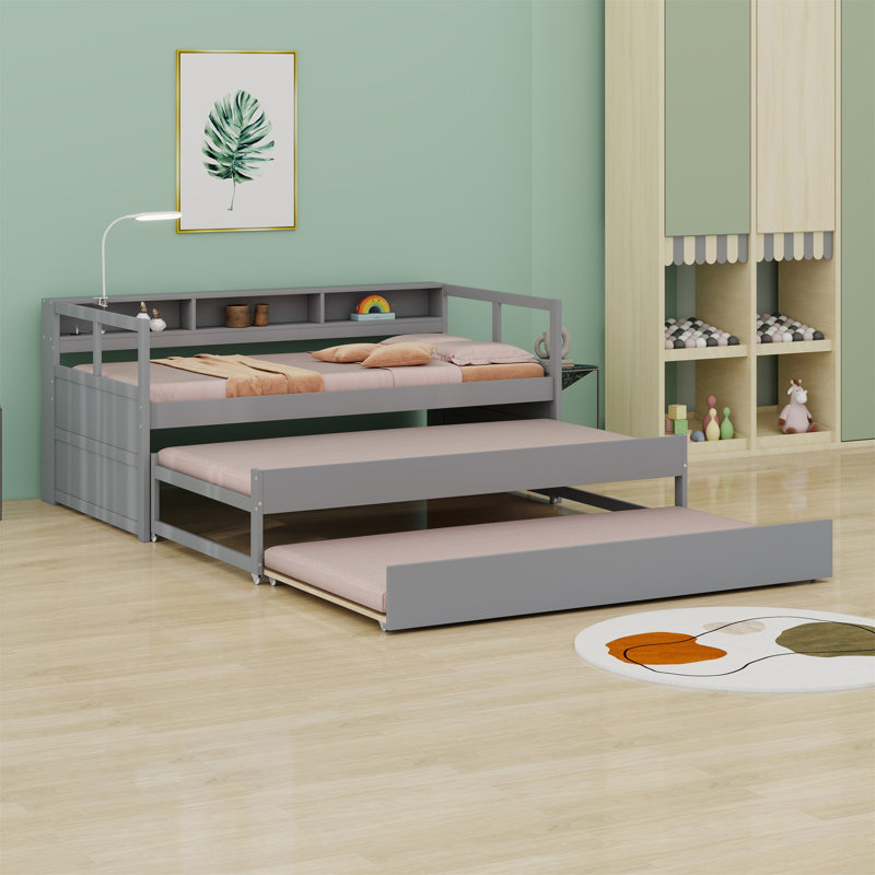 Daybed With 2 Trundles, Storage Shelves, 1 Light For Free And USB Charging Design, Gray