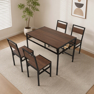 5‑Piece Rectangular Dining Table and Chair Set, Industrial‑Style Wood‑Grain Kitchen Table Built‑In With Wine Storage Rack, Space‑Saving Metal‑Frame Di