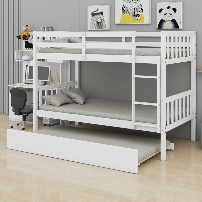 Wood Bunk Bed With Trundle, Convertible Into 2 Individual Single Beds, White