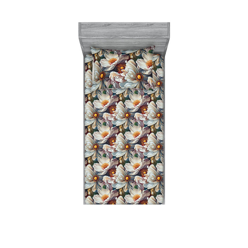 Ambesonne Fitted Sheet & Sham Set 3 Pcs Inverted Colours Flora Full Indigo Sky Blue Violet, Dark Mauve/Marigold Floral
