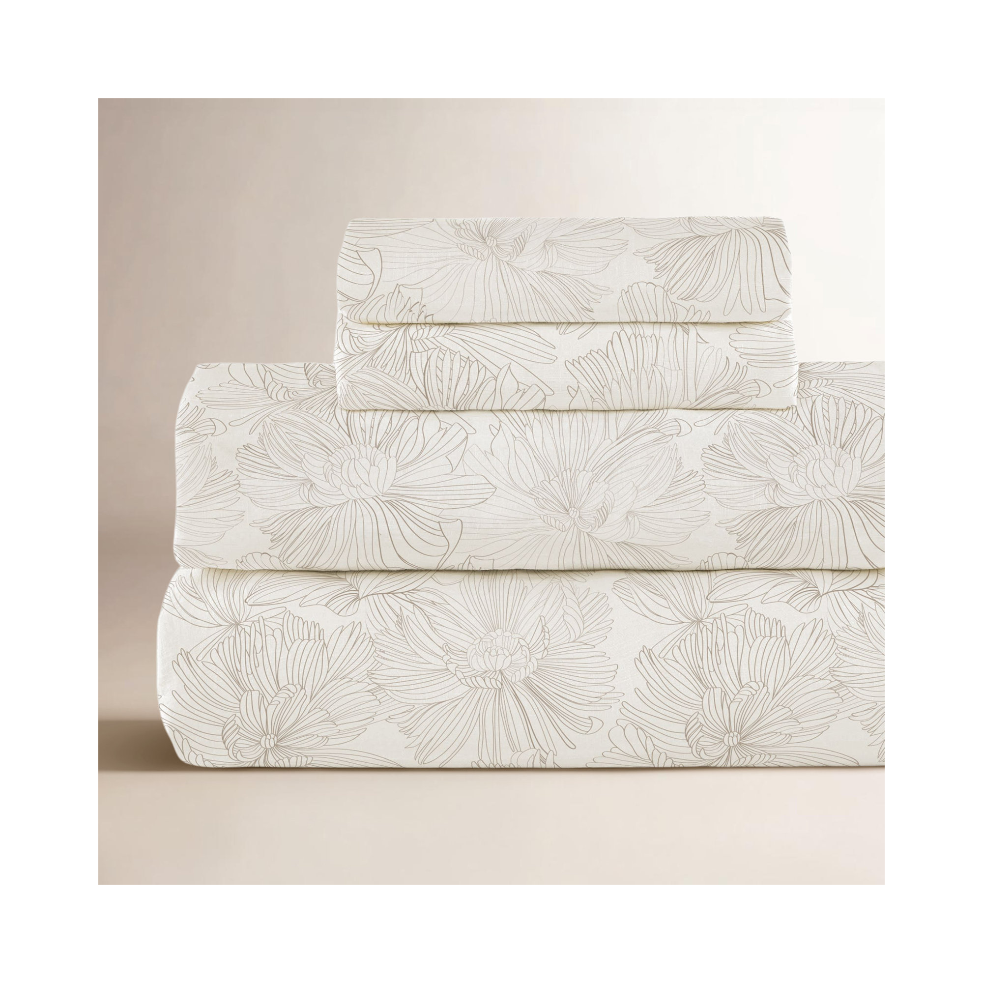 100% French Linen Sheet Set, California King Sheet Set with 2 Pillowcases, Cream/Putty Floral