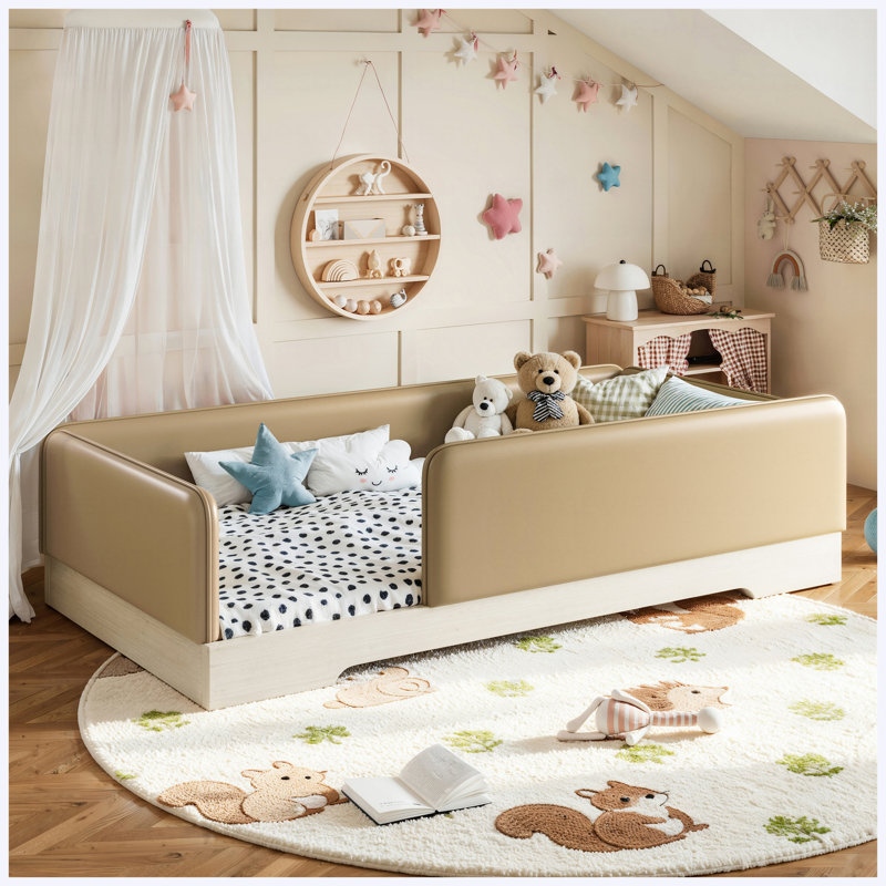 Lit simple simple en faux cuir Montessori avec garde-corps amovibles, brun, Lit simple