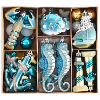  Christmas Ornaments Tree Decorations Set,50ct Light Blue and Silver Shatterproof Christmas Balls Bulk,Summer Beach Coastal Ocean Nautical Marine Hanging Seafair