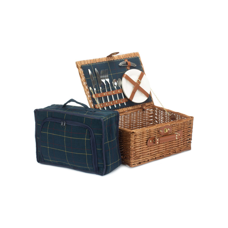 2 Person Wicker Fitted Picnic Hamper with Tweed Effect Lining, Blue