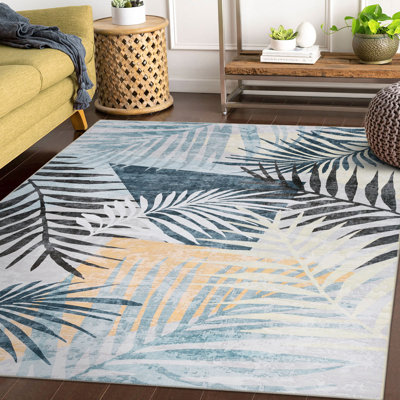 Jasmine Modern Plant Leaf Design Washable and Foldable Area Rugs Yellow Blue Ivory for Living Room Bedroom