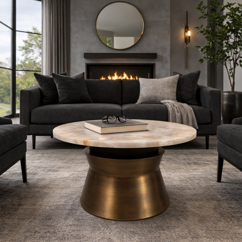 Ernstfried Modern Round Agate Top Coffee Table With Metal Base For Family Living Room - Sculptural Small Table Accent For Lounge Area - 30", Gold & White