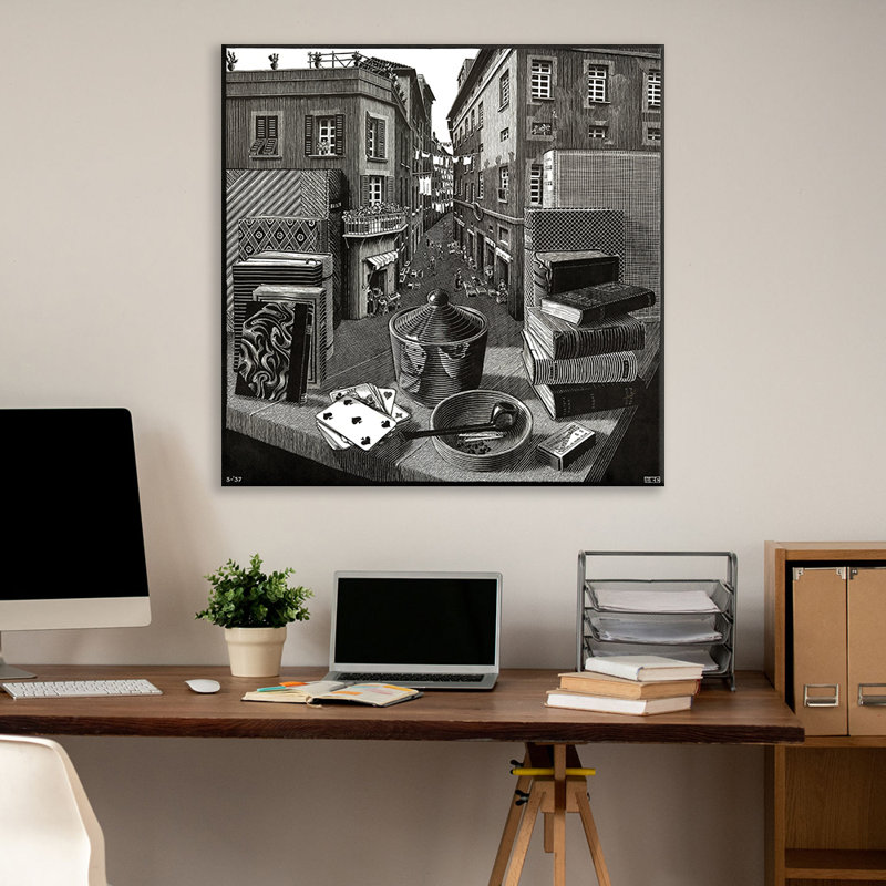 «Still Life and Street» par M.C.Escher, toile tendue avec châssis, H 24 po x l 17 po