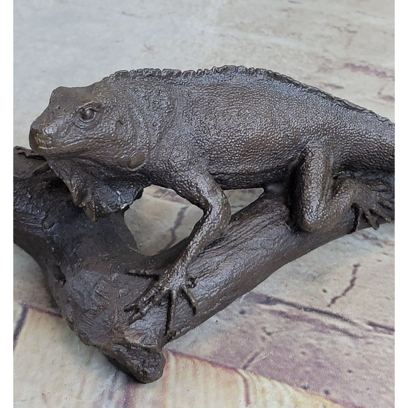 Bronze Iguana on Tree Branch Sculpture Hand Made Classic Reptile Artwork Statue